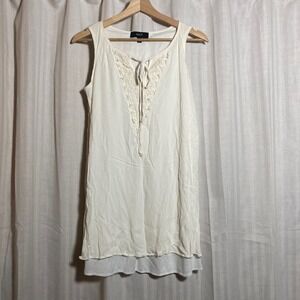 Naif Womens White Crochet Lace Tie Neck Sleeveless Crinkle Tunic Top S Boho Chic